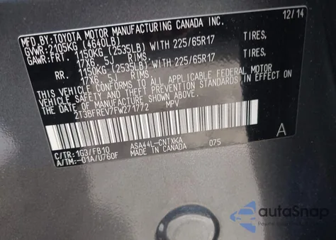 2015 Toyota Rav4 Le z USA, uszkodzony, nr VIN 2T3BFREV7FW271772